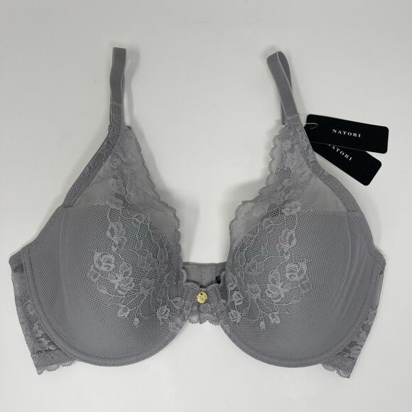 Natori Convertible Bra 36DDD Gray Lace Cherry Blossom Plunge Underwire MSRP $76 - Picture 4 of 13